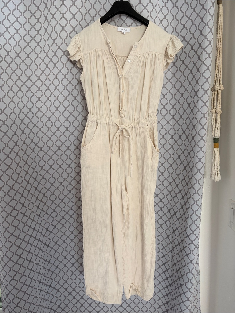 MABLE Cream Gauze Button-Front Maxi Jumpsuit with Drawstring Waist